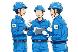 タブレットを囲み、笑顔でコミュニケーションを取りながらチームで働く3人の作業員