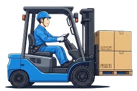 ヘルメットをかぶった作業員が青いフォークリフトで荷物の載ったパレットを運搬している様子